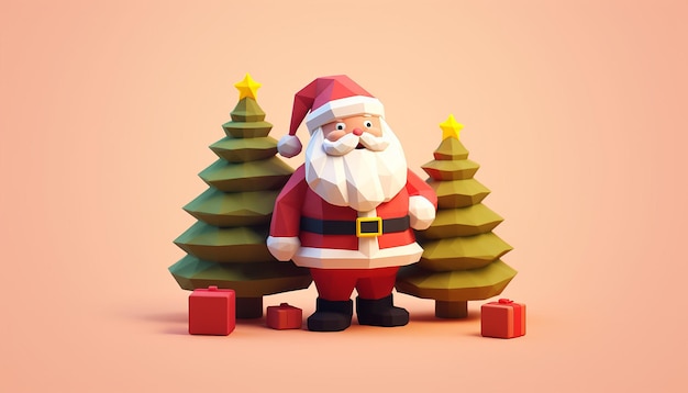 uma renderização 3D de um lindo Papai Noel e uma árvore de Natal