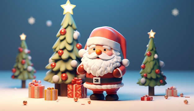 uma renderização 3D de um lindo Papai Noel e uma árvore de Natal