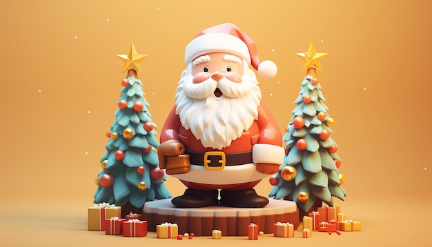 uma renderização 3D de um lindo Papai Noel e uma árvore de Natal