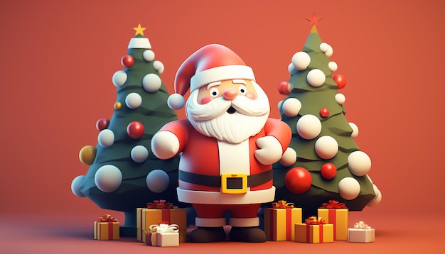 uma renderização 3D de um lindo Papai Noel e uma árvore de Natal