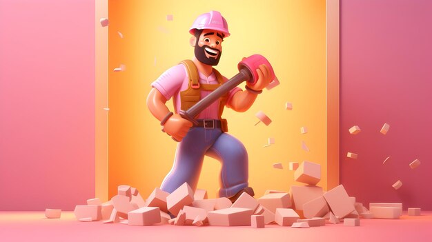 Foto uma renderização 3d de um personagem diligente trabalhador da construção