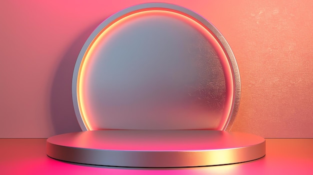 Uma renderização 3D de um pódio rosa e dourado com uma moldura circular no fundo