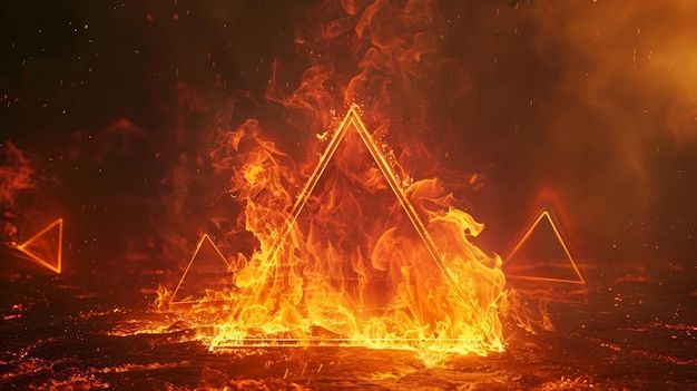 Uma renderização 3D de um triângulo geométrico abstrato em chamas sobre um fundo escuro