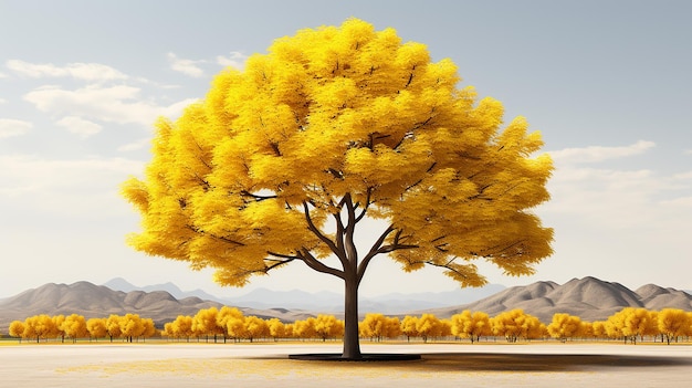 Uma renderização 3D de uma árvore com folhas amarelas brilhantes