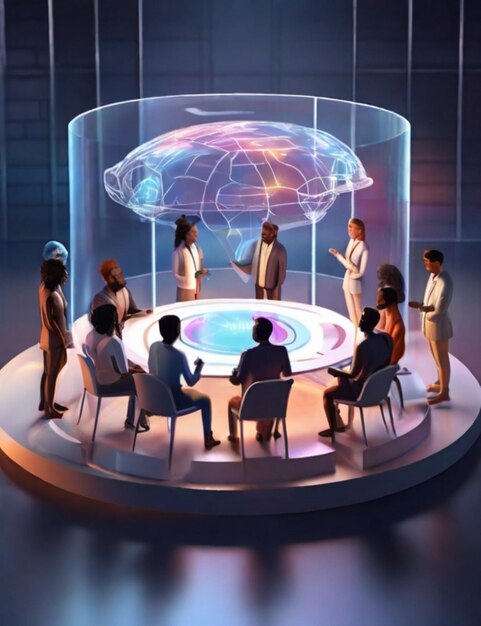 Uma renderização 3D de uma equipe diversificada reunida em torno de um modelo holográfico envolvido em um brainstorm animado