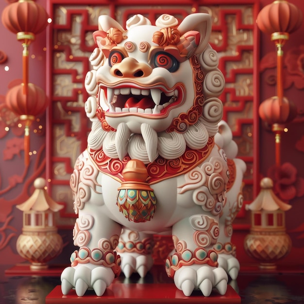 Uma renderização 3D de uma estátua de leão guardião chinês com sotaques vermelhos e dourados
