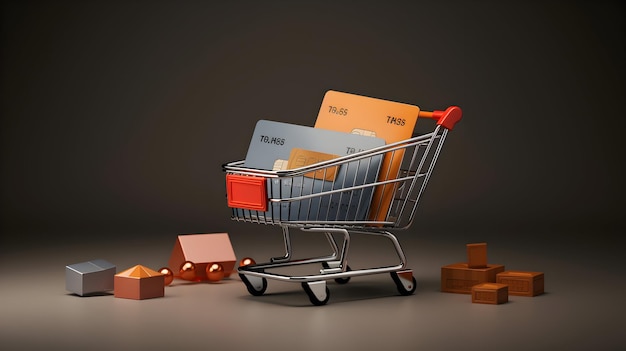 Uma renderização 3D de uma etiqueta de desconto de cartão de crédito e carrinho de compras on-line