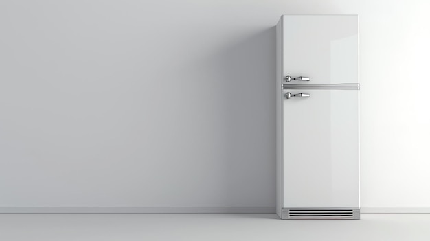 Uma renderização 3D de uma geladeira retro em uma sala branca A geladeira está no lado direito da imagem Tem um corpo branco e uma alça prateada