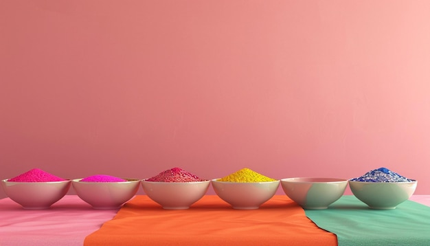 Foto uma renderização 3d de uma mesa simples e elegante com pequenas tigelas contendo cores vibrantes de holi