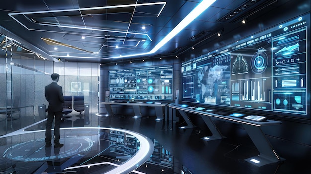 uma renderização 3D de uma sala com uma grande exibição de garrafas e uma grande tela