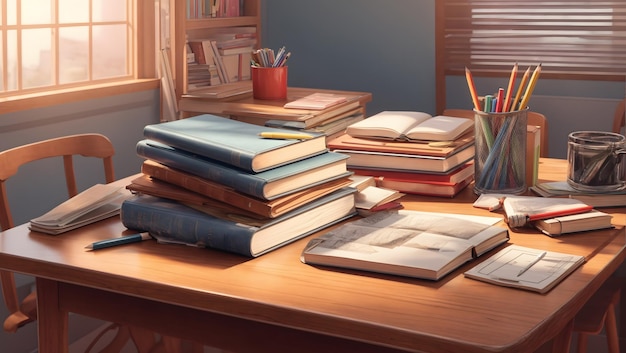 Uma renderização 3D detalhada de uma mesa de estudante com uma pilha de livros didáticos e um porta-lápis