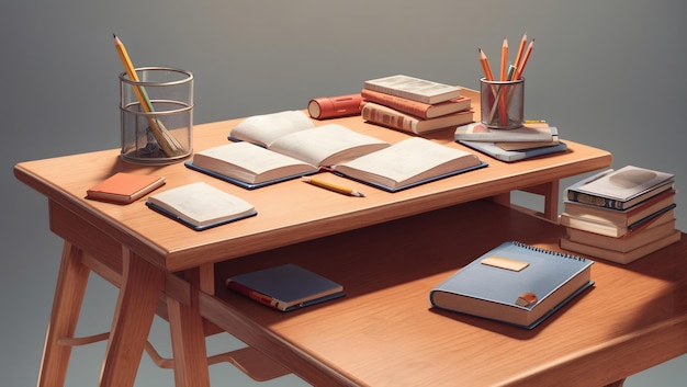 Uma renderização 3D detalhada de uma mesa de estudante com uma pilha de livros didáticos e um porta-lápis