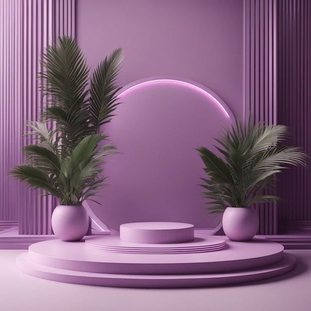 Uma renderização 3d do pódio violeta claro abstrato com moldura e fundo de folha de palmeira