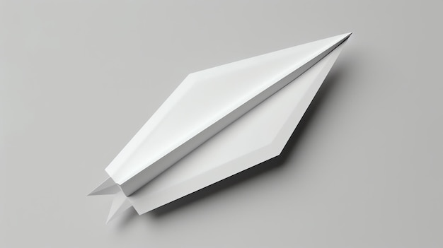 Uma renderização 3D mínima de um avião de papel branco em um fundo branco O avião de paper está em foco e parece estar voando em direção ao espectador