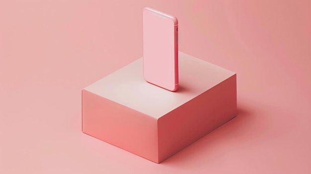 Uma renderização 3D mínima de um smartphone rosa em um pódio rosa contra um fundo rosa