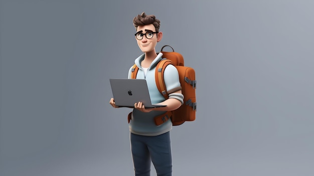 Uma renderização 3D retratando um personagem 3D motivado de pé com confiança com um laptop