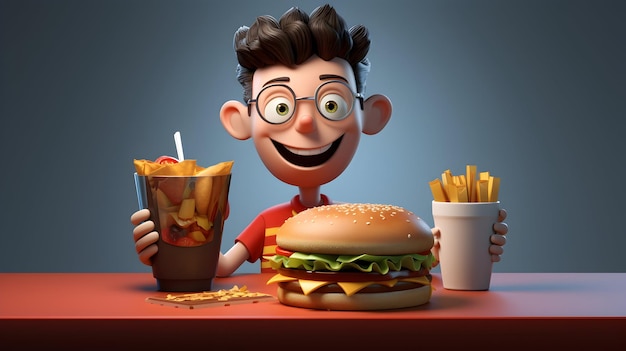 Foto uma renderização 3d retratando um personagem 3d sentado e saboreando fast food