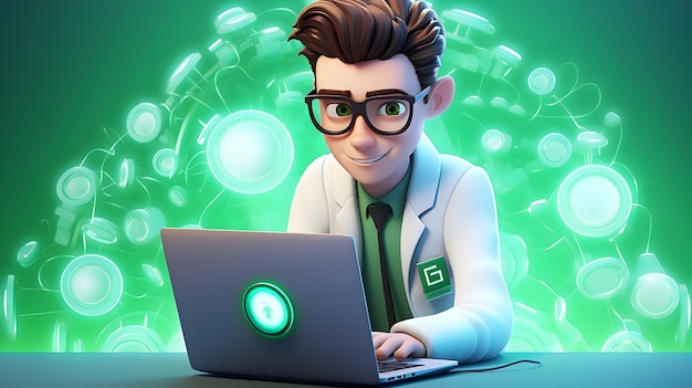 Uma renderização 3D retratando um personagem cientista inovador trabalhando com tecnologia avançada