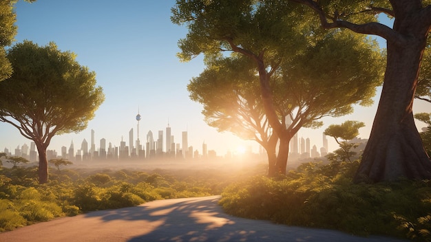 Foto uma renderização criativa do horizonte de uma cidade com árvores e arbustos