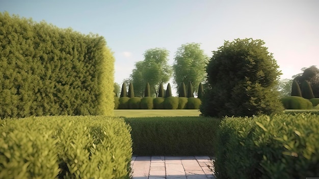 Uma renderização de um jardim com uma cobertura verde em primeiro plano.