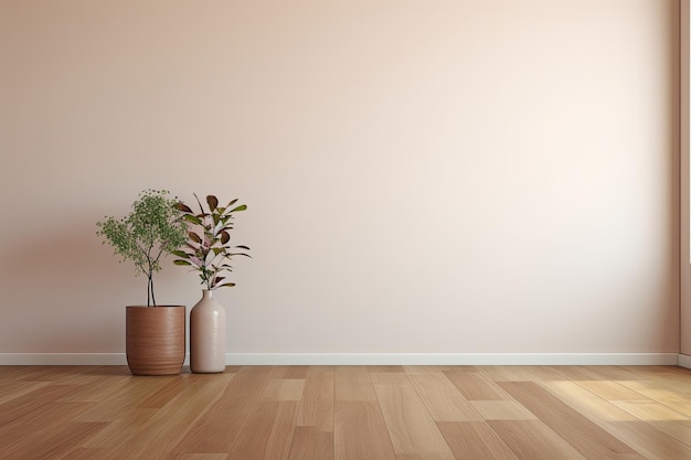 Uma renderização de um quarto interior moderno vago com uma planta, um vaso, um piso de parquet e uma moldura para fotos