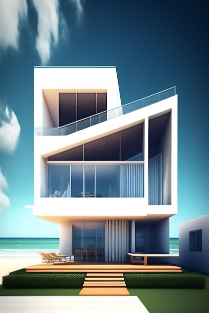 Uma renderização de uma casa à beira-mar.