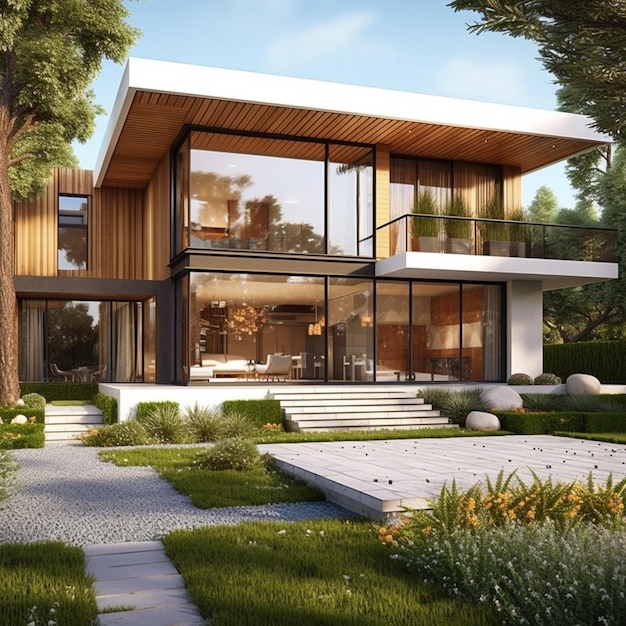 Uma renderização de uma casa moderna com um grande jardim e uma passarela generativa ai