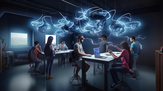 Uma renderização de uma sala com uma parede azul com um grupo de pessoas sentadas em mesas com uma tela de computador que diz "realidade virtual"