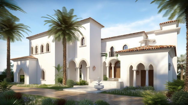 Uma renderização de uma villa com palmeiras e um céu azul.