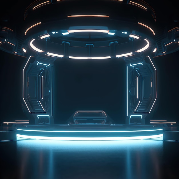 Uma renderização em 3D de um palco com uma luz azul nele.