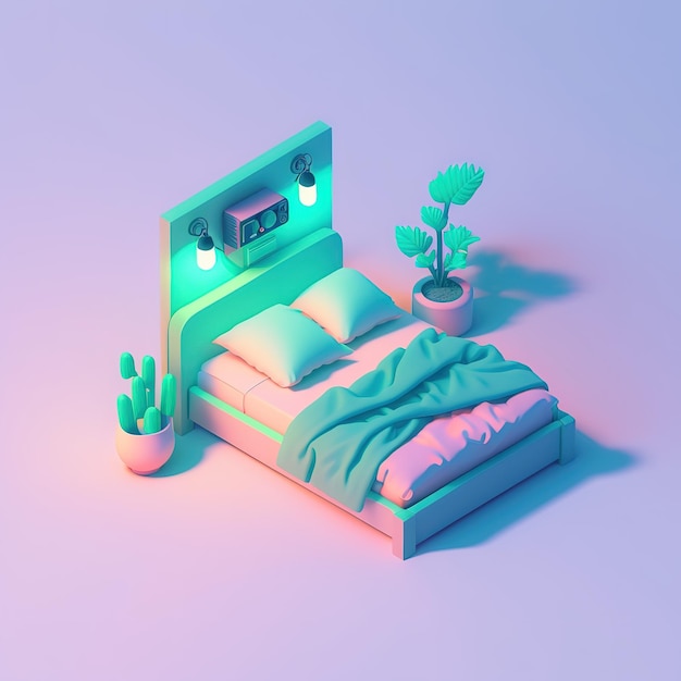 Uma renderização em 3D de uma cama com uma cabeceira verde e um relógio nela.