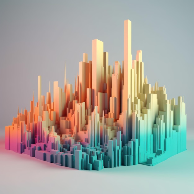 Uma renderização em 3D de uma cidade com um gradiente de cores.