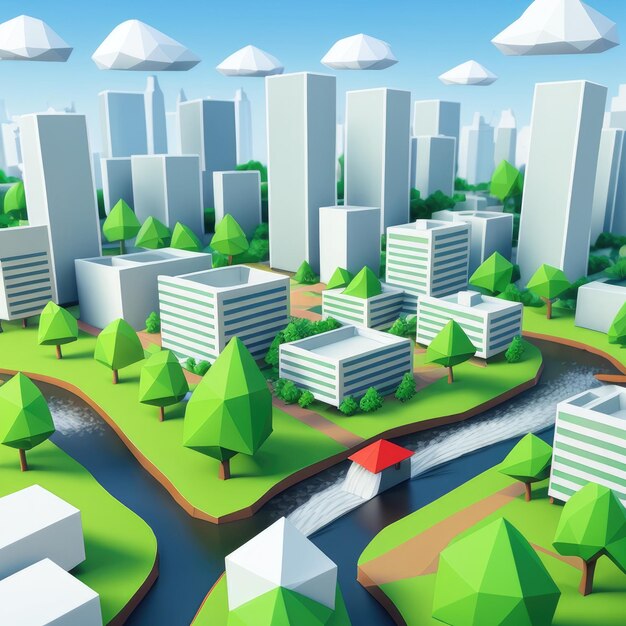Foto uma renderização em 3d de uma cidade com um rio e uma cidade verde.