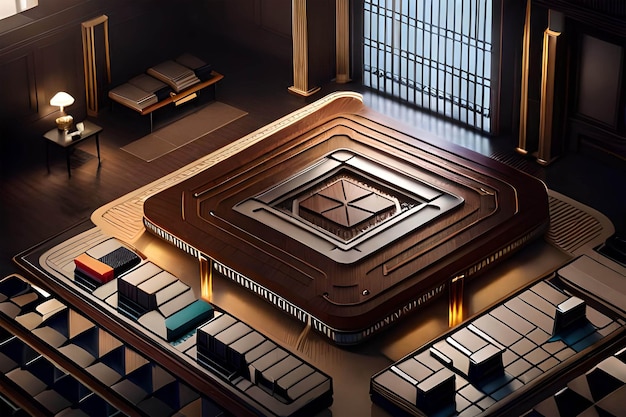 Uma renderização em 3D de uma sala com uma grande área quadrada e retangular com um grande piso quadrado.