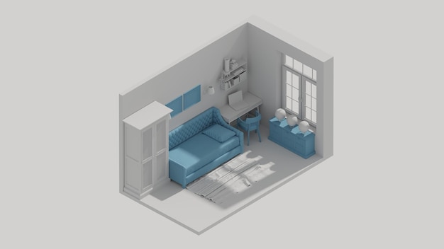 Uma renderização em 3D de uma sala de estar com um sofá azul e uma mesa de centro.