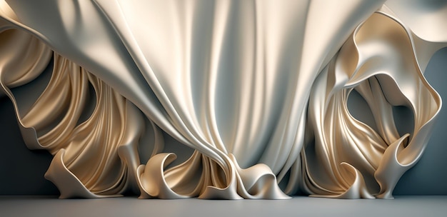 Uma renderização em 3D mostrando um fundo elegante e luxuoso com cortinas de seda