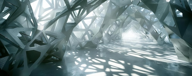Uma renderização futurista de formas geométricas sobrepostas feitas de texturas metálicas lançando sombras intrincadas umas sobre as outras