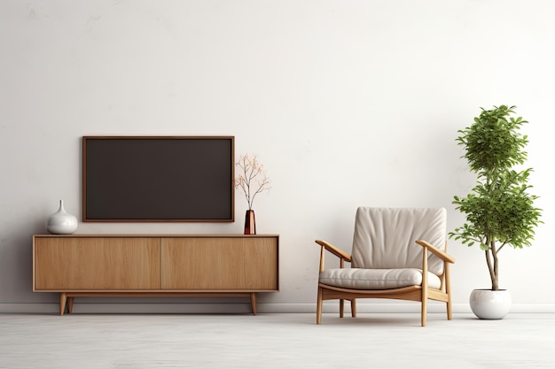 Uma renderização minimalista de um armário de TV colocado em uma parede de gesso branco em uma sala de estar junto com uma poltrona