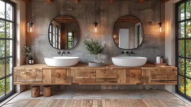 Foto uma renderização tridimensional de um banheiro minimalista com uma pia dupla, um espelho oval, um armário de madeira com torneiras pretas e uma parede bege