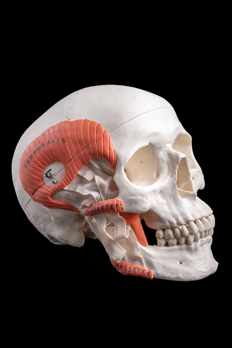 Foto uma réplica de um crânio humano, guia de estudo médico em preto.