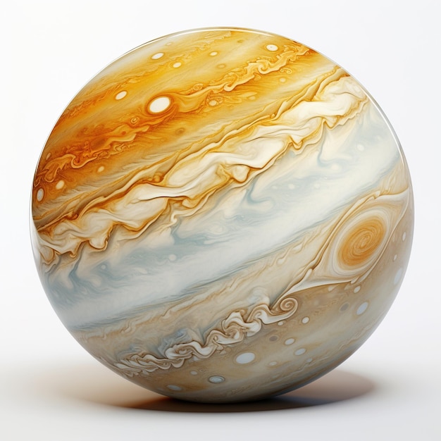 Uma representação 3D do planeta Júpiter mostrando sua icônica atmosfera rodopiante de hidrogênio e hélio