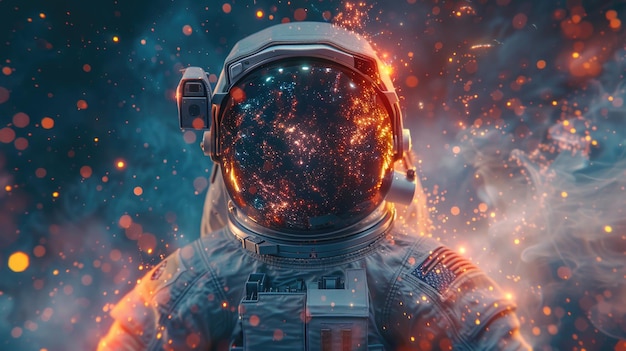 Uma representação abstrata da consciência humana com um astronauta em meio a aglomerados estelares e cosmos