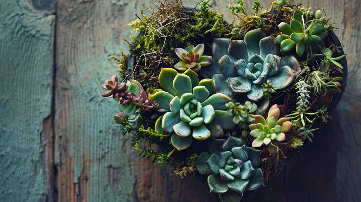 Foto uma representação artística de um arranjo em forma de coração de plantas suculentas hd arrangem suculenta