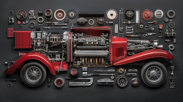 Uma representação artística de um carro clássico desmontado O carro vermelho é mostrado em uma vista explodida com todas as suas peças dispostas em torno dele