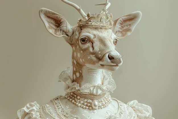 Uma representação artística de um cervo em um vestido vintage creme adornado com pérolas contra um silencioso