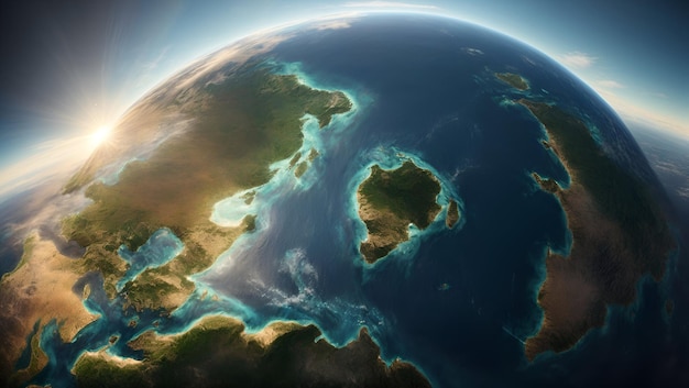 Uma representação da Terra com seus continentes e oceanos claramente visíveis iluminados pelo sol