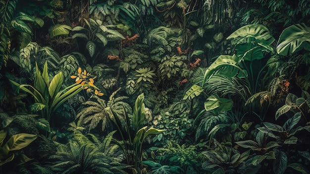 uma representação de desenho animado de uma floresta com flores coloridas de amarelo