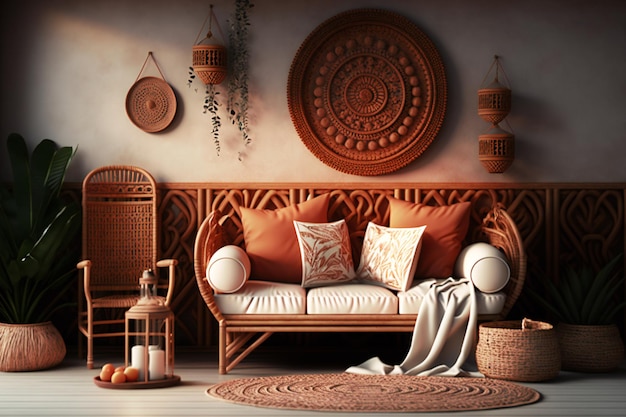 Uma representação de maquete de uma parede em branco dentro de uma sala charmosa e rústica, mobiliada com peças tradicionais de vime e adornada com detalhes étnicos