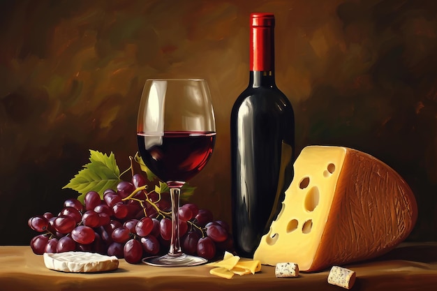 Uma representação de um copo de vinho uma seleção de queijo e uma garrafa de vinho em uma pintura de natureza morta Imagem hiperrealista de vinho e queijo AI Gerada