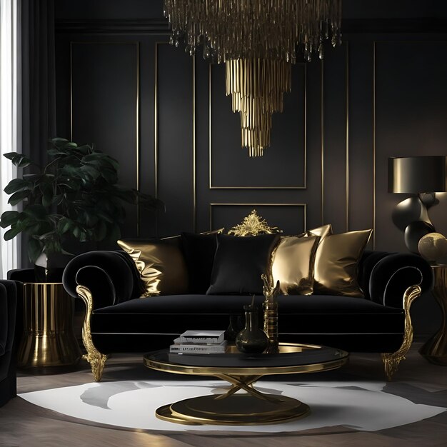 Uma representação de uma sala de estar com uma grande mesa e um sofá com uma lâmpada de ouro sobre ele humor escuro